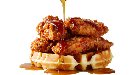 Crispy fried chicken on a fluffy waffle, with maple syrup poured on top. This sweet & savory, isolated shot is a classic soul food brunch favorite.