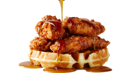 Crispy fried chicken on a fluffy waffle, with maple syrup poured on top. This sweet & savory, isolated shot is a classic soul food brunch favorite.