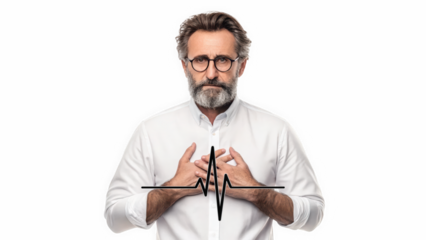 Serious middle-aged man with beard and glasses clasping hands. Businessman with stylized ECG line graphic on chest. Professional man with interlocked fingers and symbolic heartbeat. transparent