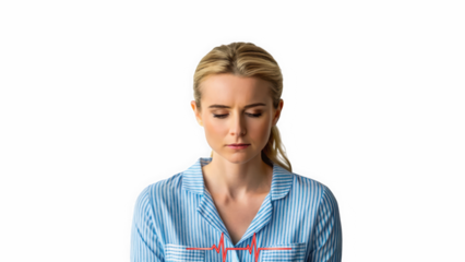 Contemplative young woman in striped pajama looking down. Somber blonde woman with ponytail in thoughtful pose. Woman showing introspection and quiet emotion. isolated on transparent background