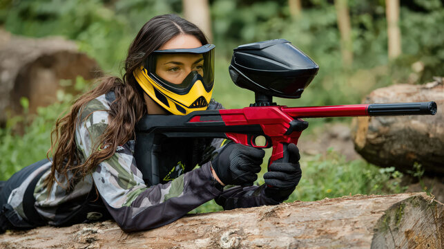 Woman in paintball gear aiming with a red marker in an outdoor setting