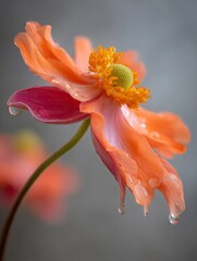 Fototapeta premium A beautifully crafted glass orchid is displayed in the image, with water droplets that add to its charm