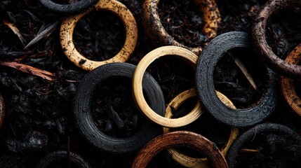 Abstract Close-up of Wooden Rings on Dark Soil Background in Artistic Natural Composition