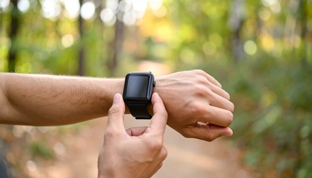 A person using a black smartwatch on their wrist while on a path in the woods.