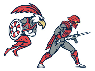 Fototapeta premium Pixel Art Warriors: Eagle Knight and Ninja isolated on transparent background