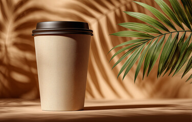 Beige Paper Coffee Cup Mockup with Palm Leaf Shadow