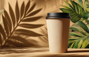 Beige Paper Coffee Cup Mockup with Palm Leaf Shadow