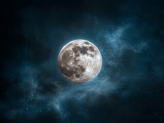 The Earth's natural satellite is positioned against a stunning cosmic backdrop of shining stars and colorful nebulas