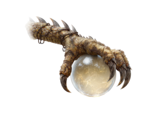 A powerful scaly dragons claw with sharp talons and spikes wrapped in chains gripping a luminous crystal orb.