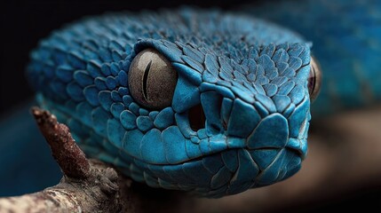 Fototapeta premium Close-up of a vibrant blue viper head resting on a branch in a dark environment