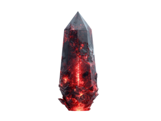 A tall dark crystal obelisk with a fiery red glowing core and a rough jagged volcanic texture.