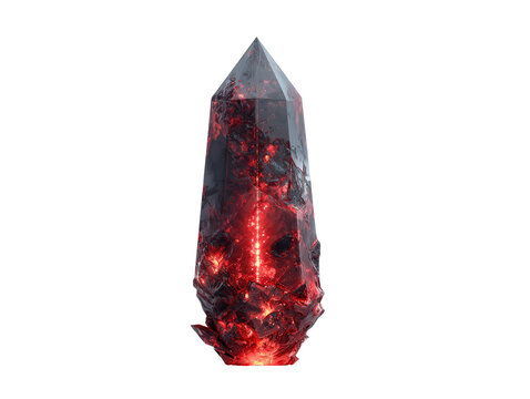 A tall dark crystal obelisk with a fiery red glowing core and a rough jagged volcanic texture. - Powered by Adobe