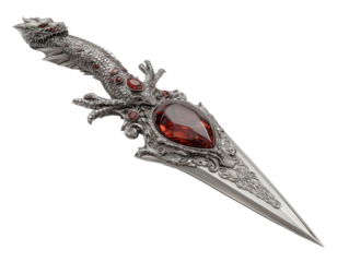 Intricate silver dragon dagger with a scaled handle red gemstone inlays and an ornate hilt.