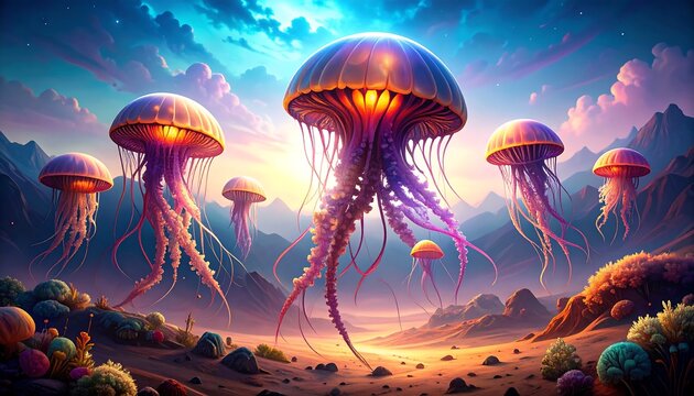 Giant glowing jellyfish in a fantasy desert