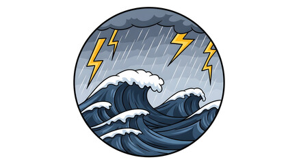 A dramatic circular illustration of a powerful ocean tempest, showcasing large, whipped-up waves crashing under a dark, stormy sky with rain and lightning