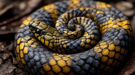 Fototapeta premium Coiled snake resting in forest floor