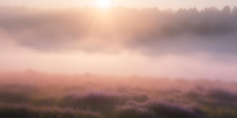 Misty lavender field at dawn with sunburst