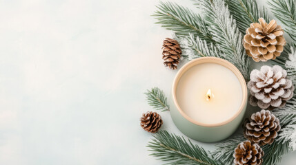 Cozy winter scene with lit candle, pine cones, and spruce branches on a soft snowy background