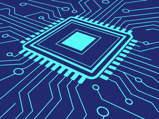 A detailed circuit board with a central processor, representing computer technology, digital networks, and electronic systems in a modern design