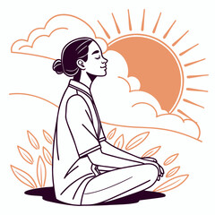 Obraz premium A woman in lotus position meditating under the sun with clouds, promoting mindfulness and relaxation