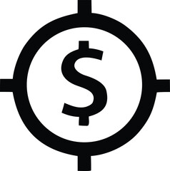 A stylized black and white graphic depicts a dollar sign centered within a target or crosshairs symbolizing financial goals and precision
