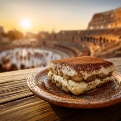 Traditional tiramisu dessert dusted with cocoa