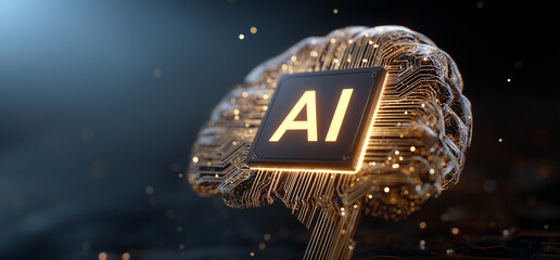 A glowing ai chip embedded in a brain shaped circuit board against a dark blurred background