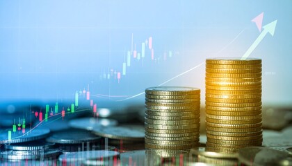 Golden coins stacked on a financial graph with a blue background, symbolizing growth and success in the investment market