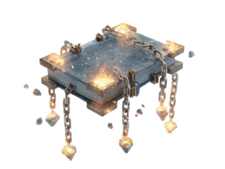 Ancient magical grimoire with ornate metal corners bound by heavy chains with glowing stones.