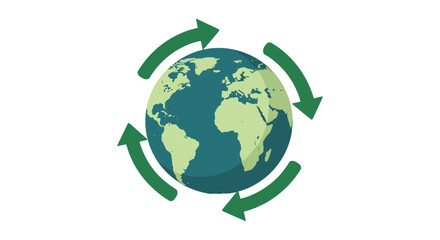 A green and blue earth globe with rotation arrows illustrates the concept of recycling and environmental protection on a clean white background.