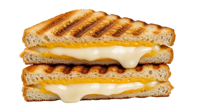 Delicious stacked grilled cheese panini sandwich with golden toasted bread and gooey melted cheese isolated on a white background.