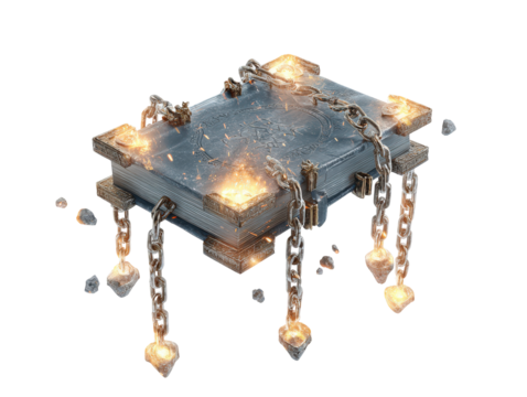 Ancient magical grimoire with ornate metal corners bound by heavy chains with glowing stones.