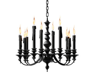Ornate black antique chandelier with twelve burning candles flickering flames and melting wax.