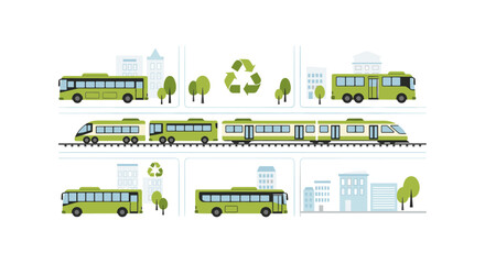 Green transportation options including buses and trains in a city environment with recycling symbols.