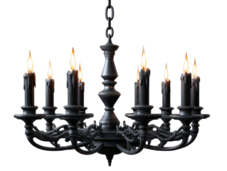 Ornate black medieval-style chandelier with burning candles and melting wax.