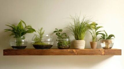 Fototapeta premium Display of potted plants on a wooden shelf against a white wall