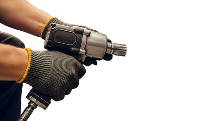 Close-up of a mechanic in work gloves holding a pneumatic impact wrench for car repair, isolated on a white background.