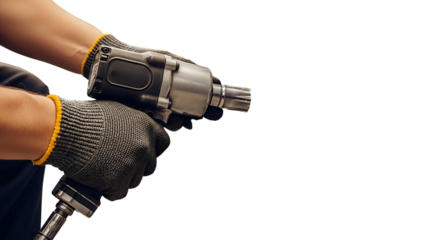 Close-up of a mechanic in work gloves holding a pneumatic impact wrench for car repair, isolated on a white background.