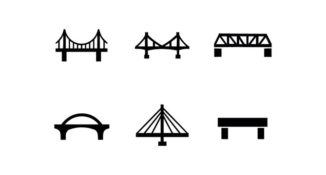 flat black solid icon items isolated on white background beam arch bridge (types): suspension cantilever truss tied cable box