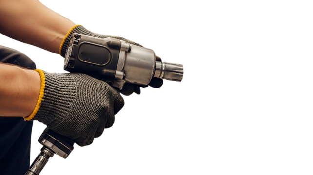 Close-up of a mechanic in work gloves holding a pneumatic impact wrench for car repair, isolated on a white background.