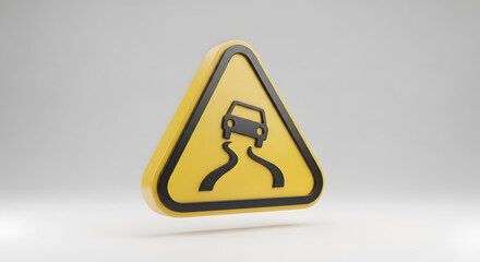 Slippery road warning sign, yellow triangle with car symbol indicating caution on wet or icy surfaces