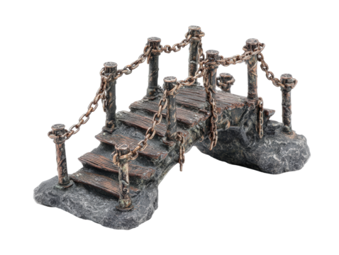 Miniature rustic arched bridge with weathered wooden steps stone base and bronze chain railings.