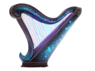 Fantastical cosmic harp with a glowing blue starry nebula design and ornate dark wood frame.