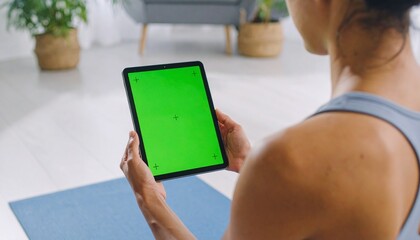 Woman seated on a yoga mat, holding a tablet with a green screen, likely watching an online workout video.
