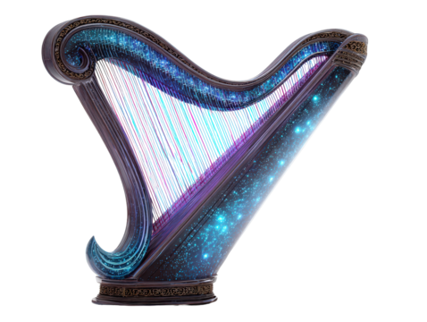 Fantastical cosmic harp with a glowing blue starry nebula design and ornate dark wood frame.