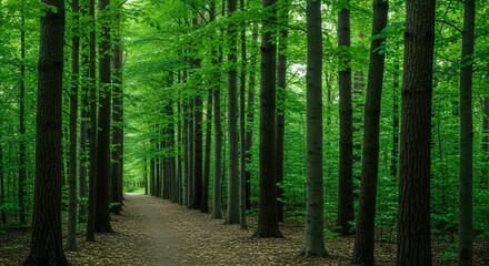 Obraz premium Sunlit forest path with tall green trees