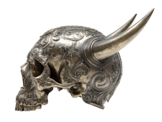 Ornate silver horned skull helmet with intricate baroque filigree carvings.