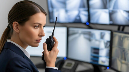Female security officer in a surveillance control room monitoring CCTV screens and communicating with a walkie-talkie.
