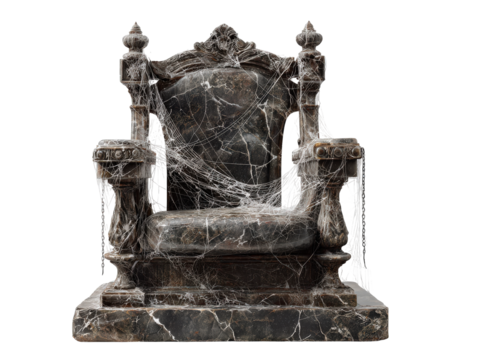 Ancient cobweb-covered dark marble throne with ornate carvings and hanging chains.