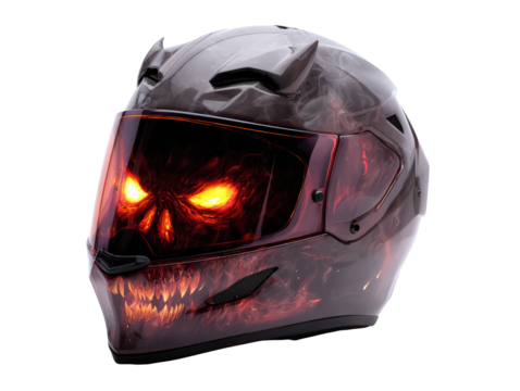 Aggressive motorcycle helmet with a demonic fiery skull glowing orange eyes and horns.